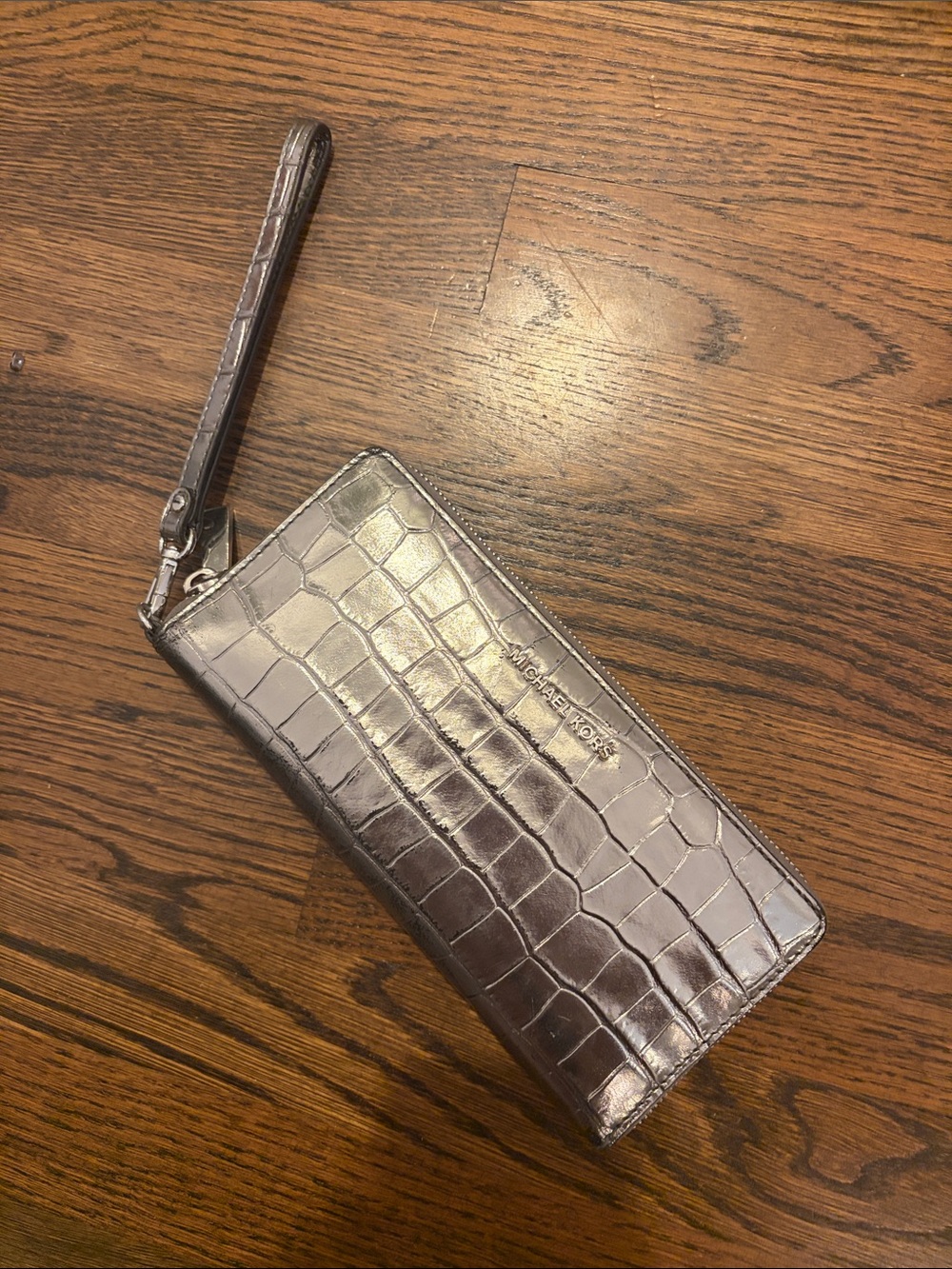 Michael Kors Metallic Silver Croc-Embossed Wristlet